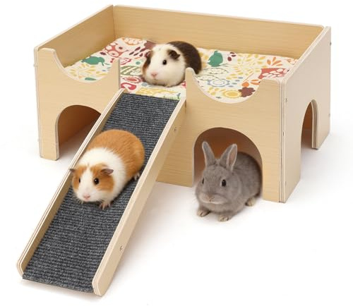 GHWMYD Casa de madera para cobayas con rampa y hamaca, escondite para hámsters enanos, jerbos, degús, ratones espinosos, conejos, juguetes y accesorios para pequeñas mascotas, 18 x 38 x 25 cm
