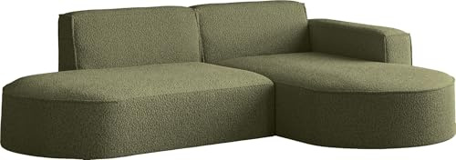 WFL GROUP Ecksofa 3-Sitzer im Loft-Stil, Skandi-Design – L-Form Wohnlandschaft, Ottomane, Ecke Rechts – inkl. Dekokissen, weiches Boucle – Grün