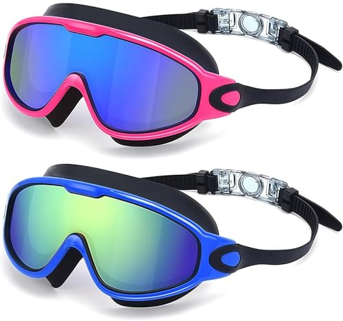 VesavifakaSchwimmbrille para hombres y mujeres 2 piezas, gafas de buceo para adultos, vista amplia de 180°, antiempañamiento, protección UV, sin fugas, gafas claras para piscina y entrenamiento en