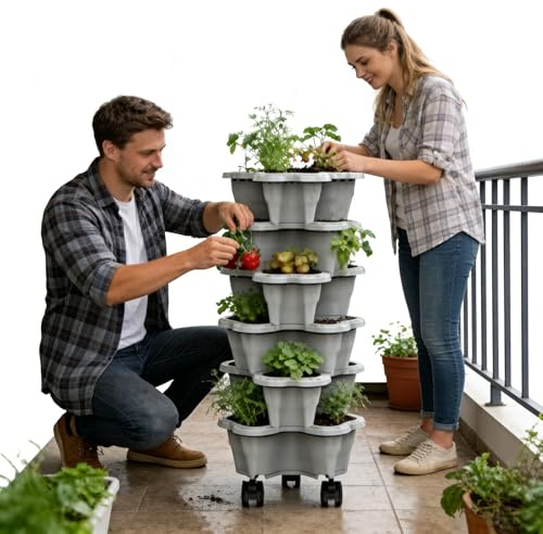 Genérico Jardinera Vertical 6 Niveles con Ruedas - Torre De Cultivo para Fresas Y Verduras | Macetas Resistentes A La Intemperie, Ideal para Balcón, Patio, Interior Y Exterior, Jardín Urbano