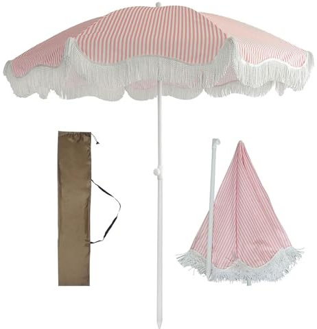 Paraguas grande a rayas, sombrilla plegable rosa para viajes en la playa, sombrilla de mesa de patio, inclinable, protección UV 50+, impermeable, resistente al viento, con borlas blancas, 200cm
