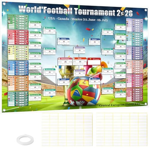 Poster Calendario Partite Coppa del Mondo 2026, 150x100cm con adesivi correttivi e cordino, calendario di gioco con 48 squadre, Decorazione Salotto Bar Festa, Ideale per i Tifosi di Calcio (150x100)