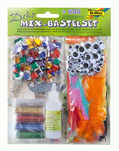 folia 12420 - Deko-Mix Bastelset, 600 Teile, sortiert, bestehend aus Schmucksteinen, Wackelaugen, Federn, Glitzer und Kleber