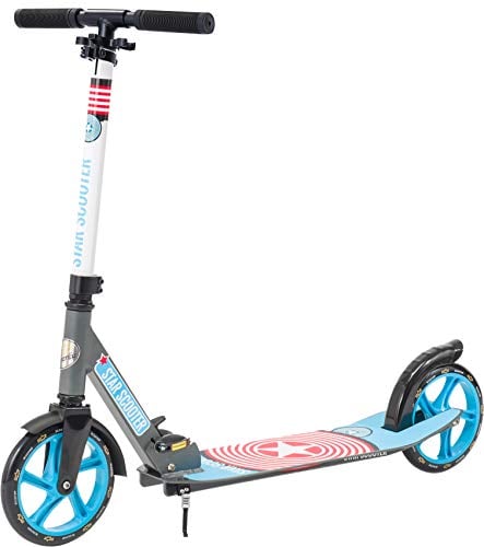 STAR SCOOTER Aluminium Kickscooter Roller Kinderroller Tretroller für Jungen und Mädchen ab 6-7 Jahre | Big 205mm Wheel mit XXL Trittbrett Scooter für Kinder und Erwachsene | Grau & Blau