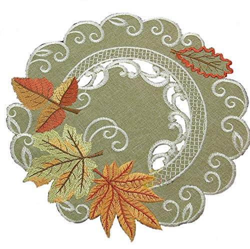 Herbst Blätter Tischläufer Tischdecke Mitteldecke Kissenhülle Leinen-Optik Grün Beige - Größe wählbar (ca. 30 cm Rund)