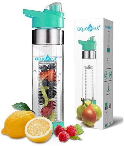 NEW AquaFrut Bottom Loading Fruit Infuser Water Bottle - BPA Free Tritan Plastic - Leak Proof - 24 OZ - Infusion Recipe eBook (Teal)