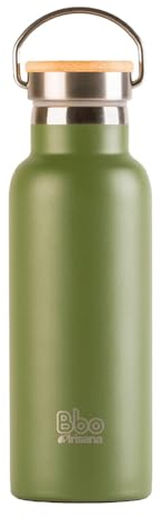 Irisana - Botella de Agua de Acero Inoxidable - 500 ml - Verde - 8,5 x 8,5 x 24 cm - Ideal con Bebidas Calientes y Frías - Tapón de Bambú - Modelo Bbo