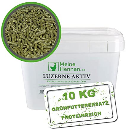 Meine Hennen Luzerne AKTIV PELLETS - Faserreiche Alfalfa Pellets für Hühner, Ergänzungsfutter, 10kg Eimer mit Dosierlöffel, sorgt für gesunde Darmflora, stärkt die Abwehrkräfte