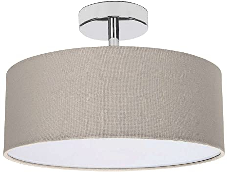 Contemporary Designer Dark Ash Grey Linen Fabric Semi Flush Ceiling Light Fitting with Opal White Diffuser | 2 x 40w SES | Chrome Plated Base and Stem by Happy Homewares