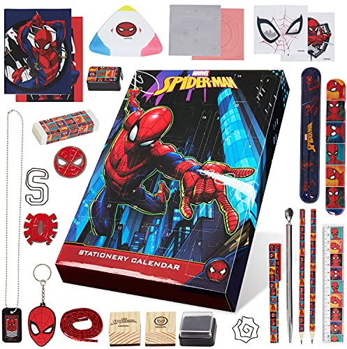 Marvel Spiderman Adventskalender 2025 Kinder Teenager mit Schule Zubehör Bleistifte Schlüsselanhänger Stempel Spielzeug Geschenk Idee (Spiderman Mehrfarbig)