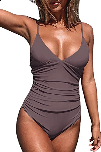 CUPSHE Damen Einteiler Badeanzug Triangel V Ausschnitt Monokini Raffung Bauchweg Unifarben Swimwear Bademode Swimsuit Kaffeebraun M