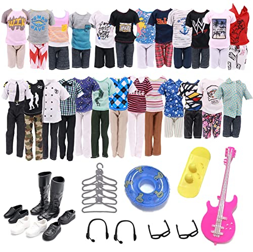 WanderGo 30 Pcs Clothes and Accessories, 5 Casual Random Clothes Set for Boy Doll Shoes Glasses Earphones Summer Swimming Ring Guitar Skateboard Hangers for 11.5 Inch Boy Dolls