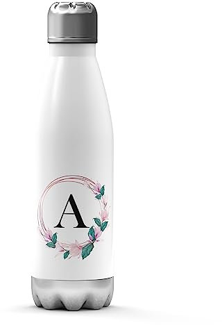Print Maniacs Mothers Day Gift Stainless Steel Water Bottle Initial Thermal Vacuum Insulated Metal Water Bottle for 12 Hours Hot & 24 Hours Cold Drinks Sports Flask Work Gym Travel 500ml (White)