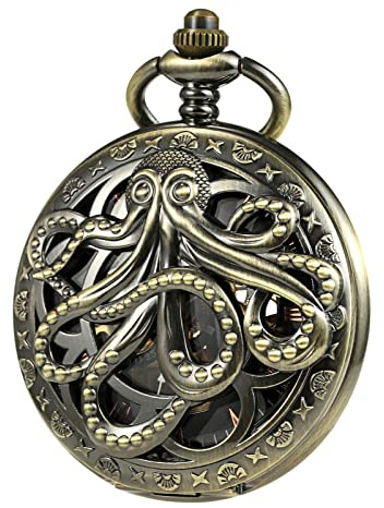 TREEWETO Unisex Mechanische Tintenfisch Taschenuhren für Herren Skelett römische Ziffern Taschenuhr mit Geschenkbox und Kette