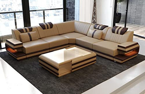 Ecksofa Ragusa Ledersofa L Form Sofa - mit LED Beleuchtung, verstellbare Kopfstützen/Lederfarben wählbar (Sandbeige-Dunkelbraun)