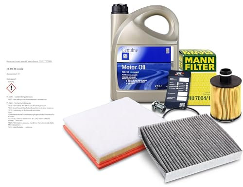ATEC Germany Inspektionspaket Filterset mit 1x Ölfilter; 1x Luftfilter; 1x Innenraumfilter (Aktivkohle); 1x Ölablassschraube mit Dichtring; 1x Motoröl 5W-30 dexos2 Motoröl 5 l; 1x Ölwechselanhänger