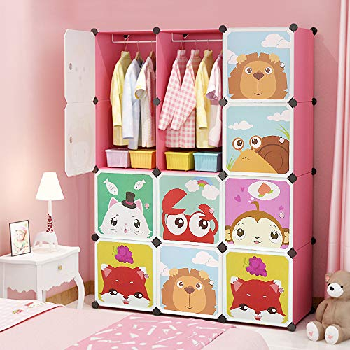 HUOLE bunt Steckregal Kinderzimmer, Tiermotive, Kunststoff Stecksystem, m. Türen, Kleiderschrank, m. Kleiderstange, Standard(111 * 37 * 147 cm (Rosa))