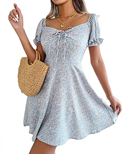 CheChury Damen Kleid Blumenmuster Freizeitkleider Damen Sommer Kleid V-Ausschnitt Freizeit Kleid Casual Kurzarm Kleid Kurz Wickelkleid Elegant Sommerkleid Rüschen Strandkleider Sommer Party Kleid