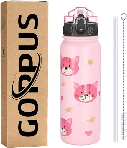 GOPPUS 600ml/20oz Stainless Water Bottle with Straw Double Wall Insulated Bottles with Strap Reusable Vacuum Thermal Flask Leakproof Keep Cold Drinks Bottles with Flip Top Lid for Men Women BPA Free