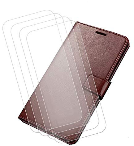 LCEHTOGYE Funda para Realme C53 Case, PU Carcasa Caso + 4 Pedazo Cristal Templado Film Vidrio Protector de Pantalla para Realme C53 - FMR64 - Marrón