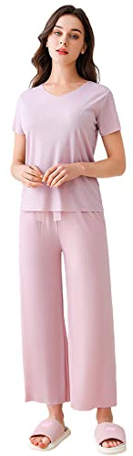 amropi Pigiama Donna Seta di Ghiaccio da Pigiami Manica Corta Maglietta e Pantaloni Estivo Camicia da Notte Viola Chiaro, 4XL