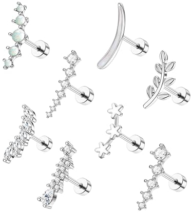 Diamday 8 Stück 16G Helix Piercing Ohrring 316L Edelstahl Knorpel Ohrstecker für Frauen Mädchen Opal CZ Blatt Bar Flache Schraube zurück Muschel Helix Daith Piercing Schmuck