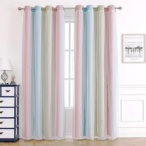KAHEAUM Rideaux occultants pour chambre à coucher et salon - 2 panneaux, 117,8 x 137,2 cm de haut, voile blanc et rideaux occultants thermiques, insonorisants, rose et vert