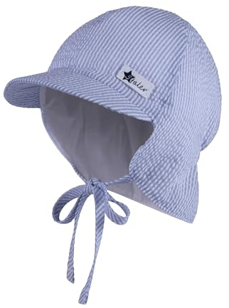 Sterntaler Schirmmütze gestreift mit Nackenschutz und Bindeband für Jungen - Baby Mütze aus gechrashtem Mischgewebe mit Ohrenklappen - Schirmmütze für Babys mit UV -Schutz 50 - himmelblau, 37