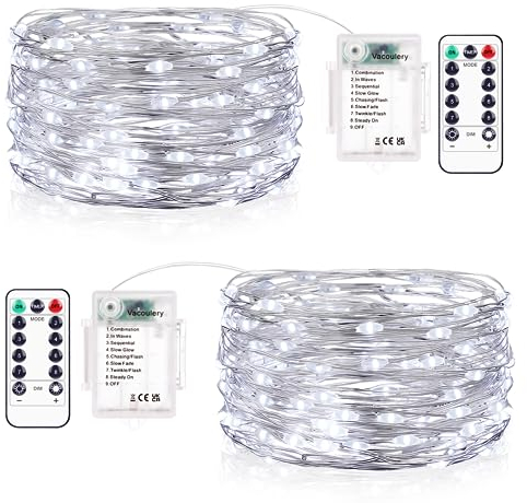 LED Lichterkette Batterie Kaltweiß, 2x10M 100LEDs Kupferdraht Lichterketten Akku 8 Programm mit Timer Wasserdicht DIY Weihnachten Lichterkette Innen für Zimmer, Garten, Balkon, Hochzeit