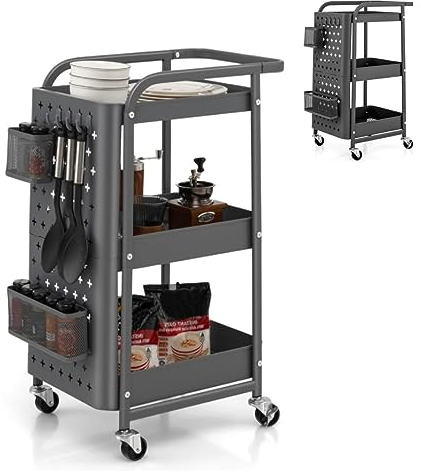 GiantexUK 3-Tier Storage Cart on Wheels, Metal Serving Trolley with Pegboards, Handle, Storage Basket & Removable Hooks, Rolling Utility Shelving Organizer Cart for Kitchen Office Living Room (Grey)