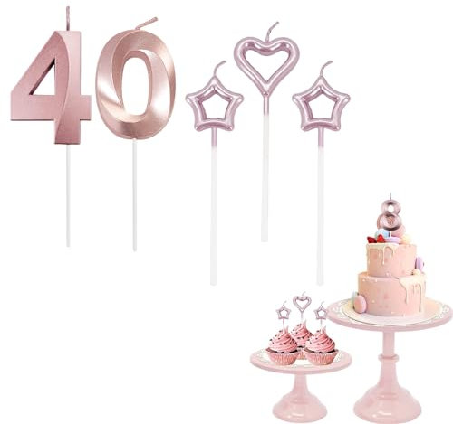 40th Birthday Candles Rose Gold Number 40 Candles for Birthday Cake with Heart-Shaped Candles, Rose Gold 40 Candles for Cake Birthday Cake Topper Decorations for Women Birthday Party