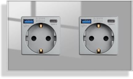 JIMEIDA Doppelsteckdose Glas mit USB 20W Schnelles Laden in Grau Unterputz,2 Fach 16Amp Steckdosen mit USB A und Type C max.3.1A,157 * 86mm,250V