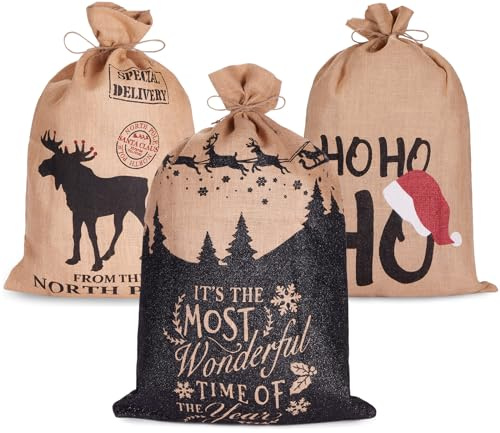 BRUBAKER 3er Set Weihnachtssack - 80 cm Geschenksack aus Jute | mit weihnachtlichen Motiven - Nikolausbeutel zum Befüllen und Verpacken von Geschenken - Weihnachtsdekoration Sack