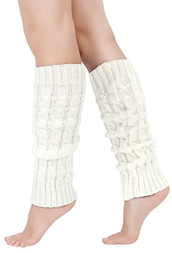 White Leg Warmers for Women Girls - Chunky Cable Knitted Thermal Accessories for 80's Fancy Party, Ballet, Skating, Ice Dancing
