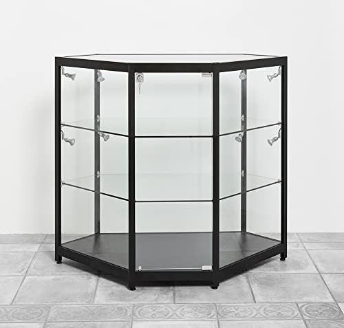 Theken-Eck-Vitrine mit LED Beleuchtung H94xB106,5xT53,5 cm, 6-seitiges Vitrinen-Eckelement, Verkaufsvitrine ESG-Sicherheitsglas, Geschäftsvitrine schwarze Aluprofile, Vitrine abschließbar
