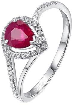 Hochzeitsringe Paar Gravur, Ring mit Steinen Rundherum 18 Karat Weißgold Lab Rubin 0.8CT Rot Tropfenschliff VVS mit Diamant 0.15CT Größe 57 (18.1)