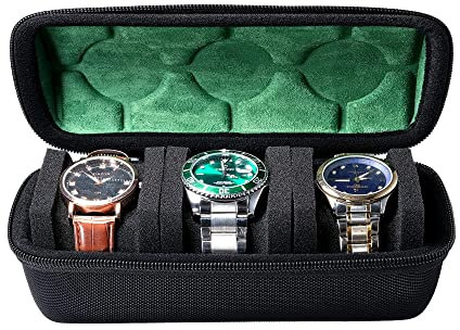 MATGEUT Watch Travel Case - Hard Watch Box Storage Organizer and Display, fits Large & Small Watches (Green Lining, 3 Slots)