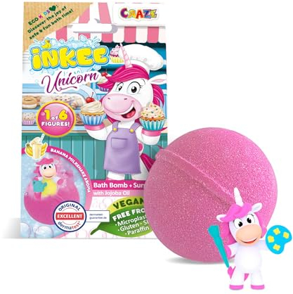 INKEE UNICORN PROFESSIONS | Badebombe Kinder mit Überraschung - 1 von 6 verschiedenen Einhörnen zum Sammeln - Badekugel 100g mit Bananenmilchshake-Aroma und Jojobaöl, Rosa oder Grün