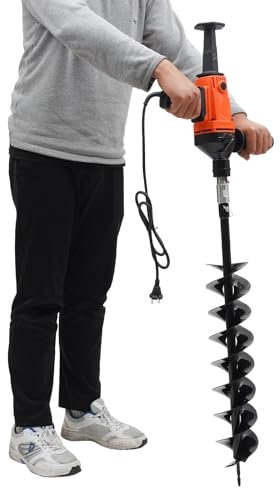 Fermoirper Gartenbohrer Erdbohrer für Bohrmaschine,220V 1900W Elektrische Grabungswerkzeug zum Pflanzen mit Bohraufsatz,Bauernhöfen,Parks,Gärten(Kabelarbeiten) (Orange+120mm Doppelblatt Bohrer)