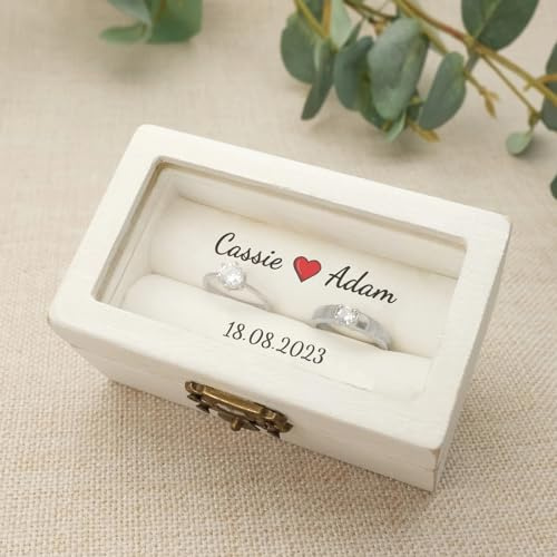 Personalisierte Namens-Datum-Ringbox für den Hochzeitstag, Hochzeitsringbox, maßgeschneiderte Hochzeitszeremonie-Ringbox, Verlobungsringbox (WB Herz, 10 cm x 6 cm x 5 cm)