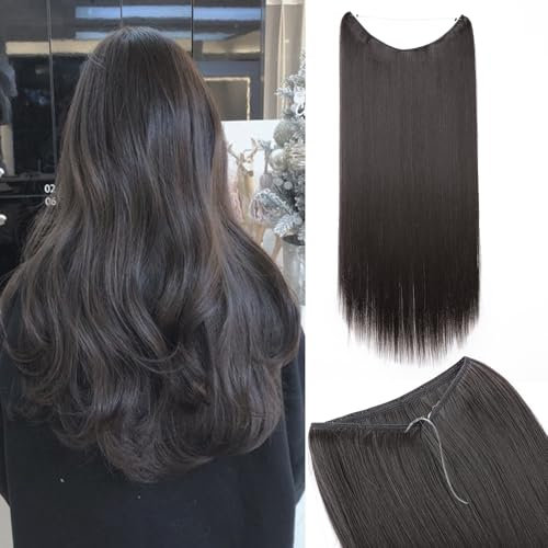 Silk-co Haarverlängerung mit Gummiband, Glatte Extensions mit unsichtbare Schnur, Synthetisch Haarteil wie Echthaar, Haarverdichtung Haar Extensions für Frauen, Dunkelbraun, 60 cm