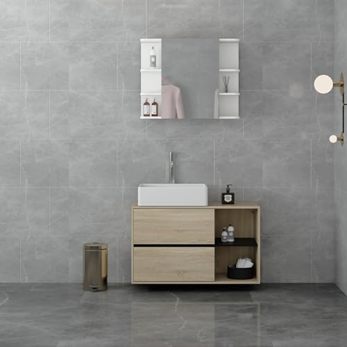 ML-Design Ensemble de Meubles de Salle de Bain, Lot de 2 Pièces, Armoire de Toilette Blanche, avec Miroir Suspendue + Meuble sous Lavabo Brun-Noir, Armoires de Rangement en Panneau MDF Haute Qualité