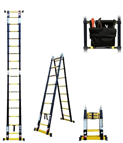 Escabeau-échelle télescopique Woerther Double Fonctions / 3m80-1m90 / avec Sac Porte Outils/modèle grafitek, en Graphite et Aluminium 7175t6 / avec Doubles Barres stabilisatrices/Garantie 5 Ans