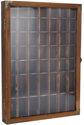 usego Shot Glass Display Case with Door 49 Slots Rustic Shot Glasses Storage Case Wall Mounted Shot Glass Shelf Holder Wooden Display Box with Hinged Acrylic Door,Brown