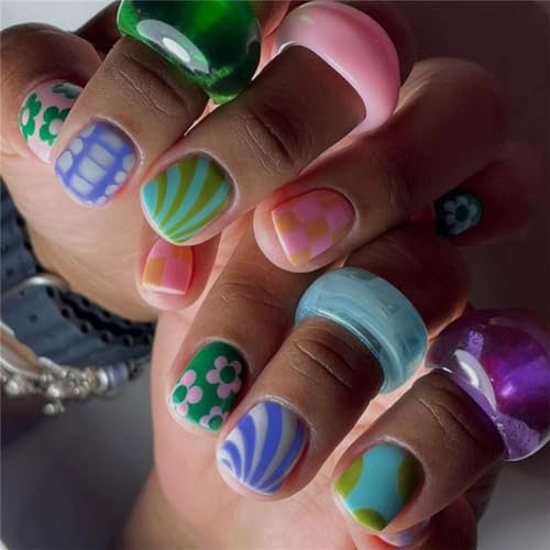 Square Short Press on Fake Nails Cute Flower Colorful Lines Nail Art Decoration Summer Manicure for Women and Girls 24pcs