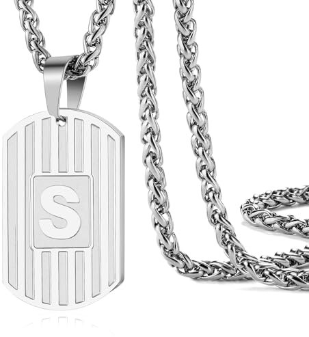 Rajputana Initial Halskette für Männer Brief Silber Hundemarke Kette Halskette Anhänger Halskette für Herren Edelstahl Kette für Herren 24 Zoll, Initial S
