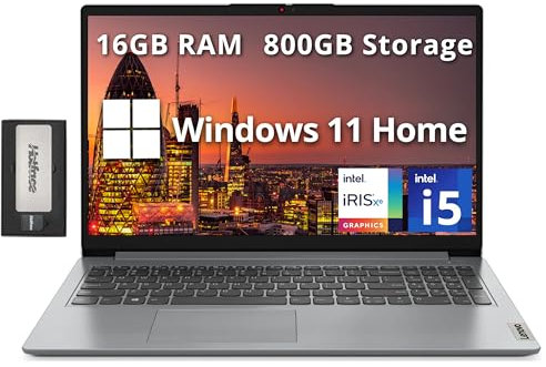 Lenovo IdeaPad 1i 15,6 FHD Business Laptop, Intel i5-1235U, 16GB RAM, 800GB di storage (512GB SSD+288GB Docking Station Set), Intel Iris Xe Graphics, Number Pad, HD Camera, WiFi 6, Win 11 Home