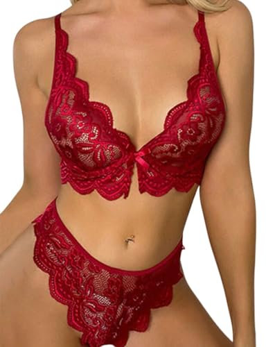 PARUPRUP Lace Bow Lingerie Set Women Sexy Underwear See-Through Bra and Knickers Set Hot Lady Nightwear Thin Cup Breathable Hollow Bra and Brief Set (Red, L)