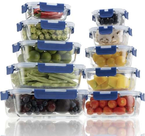 GENICOOK Lot de 10 boîtes de conservation alimentaire en verre avec couvercles étanches à bouton-pression, réutilisables, passent au micro-ondes, sans BPA