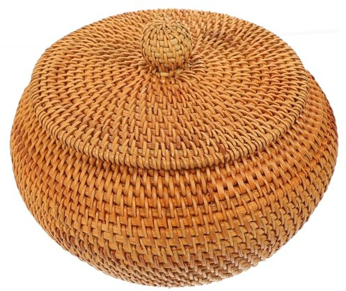COLLBATH Aufbewahrungskorb aus Rattan Deckel Kommode Zopf Schach kann Brotkorb ablagekörbe kühlkorb einkaufskorb gemüsekorb Lebensmittelhalter Korb aus geflochtenem Rattan hölzern
